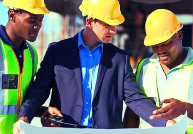 Three man construction team looking at blueprints to avoid building code violations.