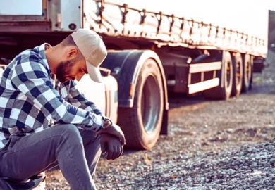 Sad trucker at scene of fatal accident.