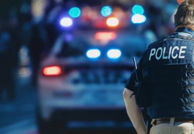 Uniformed police facing the police car.