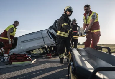 Paramedics with a patient in a stretcher.