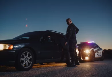 Police officer talking to a driver.