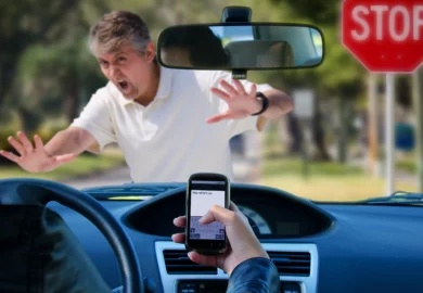 Driver hit a pedestrian for using a phone.