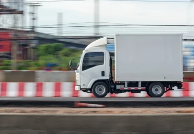 White truck on the road.