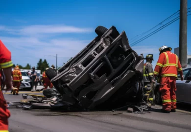 Black car rollover after a car accident.