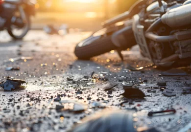 Motorcycle lying on the ground with sunset light on the background.