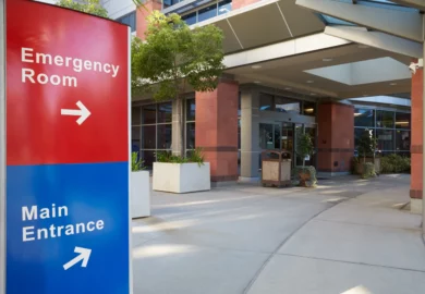 Emergency room and main entrance signage from a hospital.