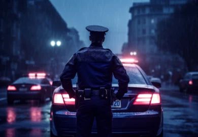 Backside of a police officer staring at the police car.