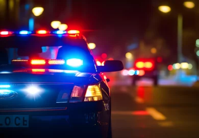 Police car patrolling the street during night.